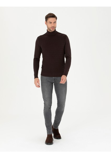 Erkek Kahverengi Slim Fit Balıkçı Yaka Triko Kazak 50281826-VR029