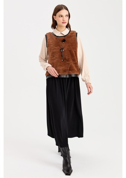 Peluş Süeter Detaylı Tunik Süeter Etekli Kolyeli Takım Taba