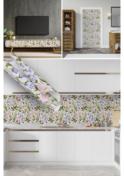 Rengarenk Çiçek Desenli Yapışkanlı Folyo, Mutfak, Tezgah, Masa, Dolap Kaplama Folyosu, Isıya Dayanıklı, Su Geçirmez, Yapışkan Folyolar, Sticker, Büyük Ebatlı, Dekoros