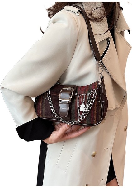 Kadınların Yeni Stil Retro Yün Ekose Omuz Crossbody Çantası (Yurt Dışından)