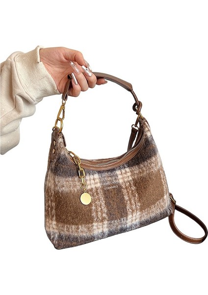 Kadınlar Için Büyük Kapasiteli Kontrast Ekose Yün Omuz Çapraz Askılı Çanta (Yurt Dışından)