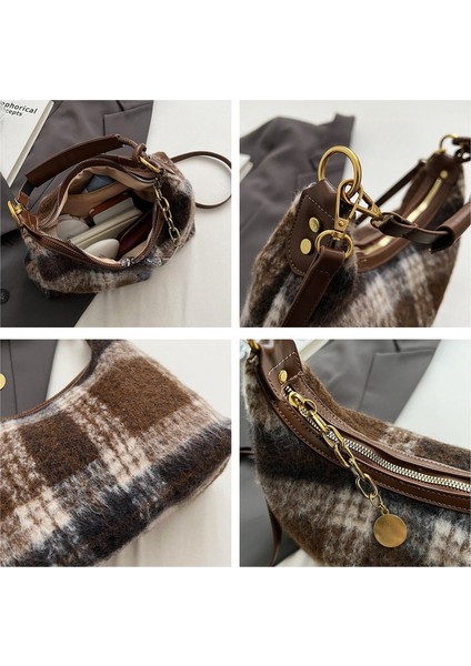 Kadınlar Için Büyük Kapasiteli Kontrast Ekose Yün Omuz Çapraz Askılı Çanta (Yurt Dışından) indirimleri
