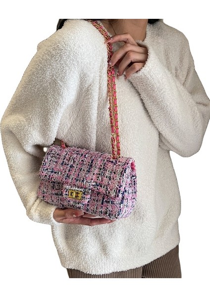 Kadın Yeni Kontrast Renk Yün Moda Zincir Omuz Crossbody Çanta (Yurt Dışından)