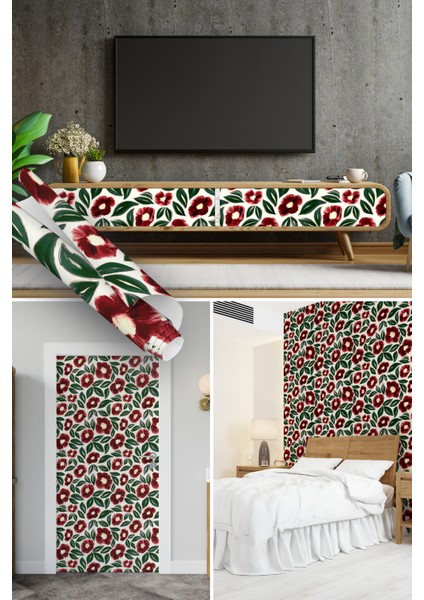 Kırmızı Çiçek Desenli Yapışkanlı Folyo, Mutfak, Tezgah, Masa, Dolap Kaplama Folyosu, Isıya Dayanıklı, Su Geçirmez, Yapışkan Folyolar, Sticker, Büyük Ebatlı, Dekoros