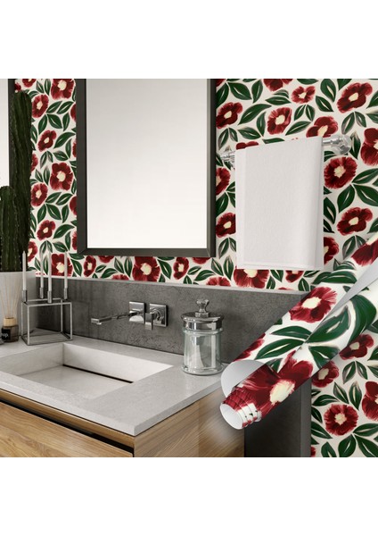 Kırmızı Çiçek Desenli Yapışkanlı Folyo, Mutfak, Tezgah, Masa, Dolap Kaplama Folyosu, Isıya Dayanıklı, Su Geçirmez, Yapışkan Folyolar, Sticker, Büyük Ebatlı, Dekoros indirimleri