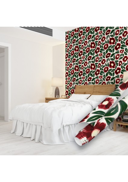 Kırmızı Çiçek Desenli Yapışkanlı Folyo, Mutfak, Tezgah, Masa, Dolap Kaplama Folyosu, Isıya Dayanıklı, Su Geçirmez, Yapışkan Folyolar, Sticker, Büyük Ebatlı, Dekoros
