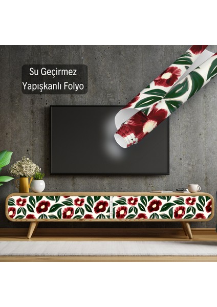 Kırmızı Çiçek Desenli Yapışkanlı Folyo, Mutfak, Tezgah, Masa, Dolap Kaplama Folyosu, Isıya Dayanıklı, Su Geçirmez, Yapışkan Folyolar, Sticker, Büyük Ebatlı, Dekoros