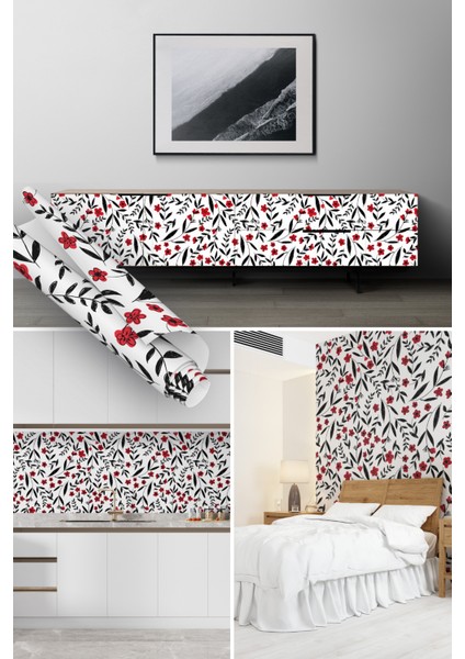 Siyah Kırmızı Çiçek Desenli Yapışkanlı Folyo, Mutfak, Tezgah, Masa, Dolap Kaplama Folyosu, Isıya Dayanıklı, Su Geçirmez, Yapışkan Folyolar, Sticker, Büyük Ebatlı, Dekoros