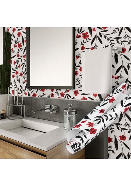 Siyah Kırmızı Çiçek Desenli Yapışkanlı Folyo, Mutfak, Tezgah, Masa, Dolap Kaplama Folyosu, Isıya Dayanıklı, Su Geçirmez, Yapışkan Folyolar, Sticker, Büyük Ebatlı, Dekoros indirimleri