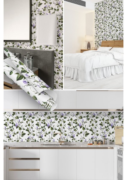 Mor Çiçekli Yeşil Yaprak Desenli Yapışkanlı Folyo, Mutfak, Tezgah, Masa, Dolap Kaplama Folyosu, Isıya Dayanıklı, Su Geçirmez, Yapışkan Folyolar, Sticker, Büyük Ebatlı, Dekoros