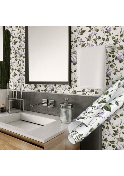 Mor Çiçekli Yeşil Yaprak Desenli Yapışkanlı Folyo, Mutfak, Tezgah, Masa, Dolap Kaplama Folyosu, Isıya Dayanıklı, Su Geçirmez, Yapışkan Folyolar, Sticker, Büyük Ebatlı, Dekoros modelleri