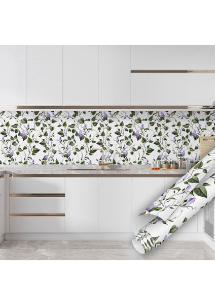 Mor Çiçekli Yeşil Yaprak Desenli Yapışkanlı Folyo, Mutfak, Tezgah, Masa, Dolap Kaplama Folyosu, Isıya Dayanıklı, Su Geçirmez, Yapışkan Folyolar, Sticker, Büyük Ebatlı, Dekoros fırsatları