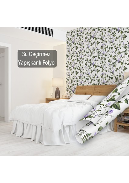 Mor Çiçekli Yeşil Yaprak Desenli Yapışkanlı Folyo, Mutfak, Tezgah, Masa, Dolap Kaplama Folyosu, Isıya Dayanıklı, Su Geçirmez, Yapışkan Folyolar, Sticker, Büyük Ebatlı, Dekoros indirimleri