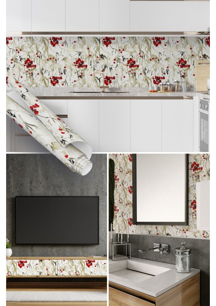 Kırmızı Çiçekli Gold Desenli Yapışkanlı Folyo, Mutfak, Tezgah, Masa, Dolap Kaplama Folyosu, Isıya Dayanıklı, Su Geçirmez, Yapışkan Folyolar, Sticker, Büyük Ebatlı, Dekoros