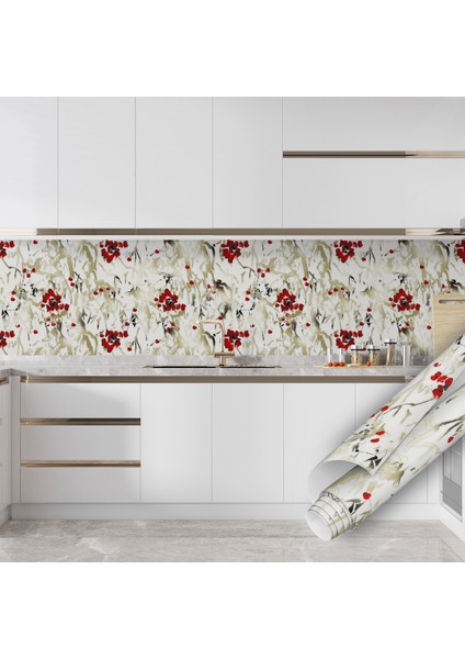 Kırmızı Çiçekli Gold Desenli Yapışkanlı Folyo, Mutfak, Tezgah, Masa, Dolap Kaplama Folyosu, Isıya Dayanıklı, Su Geçirmez, Yapışkan Folyolar, Sticker, Büyük Ebatlı, Dekoros indirimleri