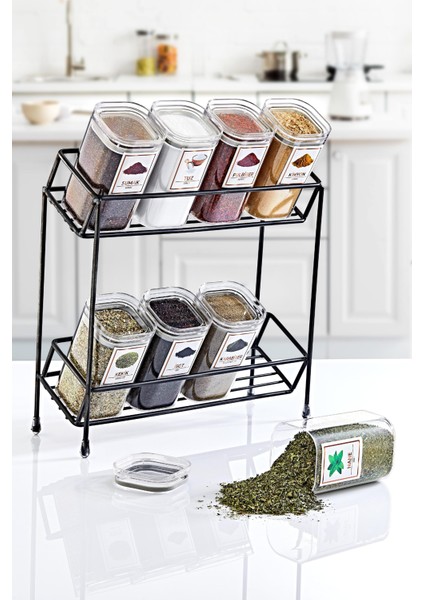 Metal Standlı Violet 8'li Vakum Kapaklı Mika Baharatlık Seti 250 ml Etiket Hediyeli
