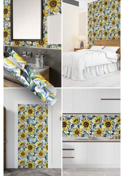 Ayçiçeği Desenli Yapışkanlı Folyo, Mutfak, Tezgah, Masa, Dolap Kaplama Folyosu, Isıya Dayanıklı, Su Geçirmez, Yapışkan Folyolar, Sticker, Büyük Ebatlı, Dekoros