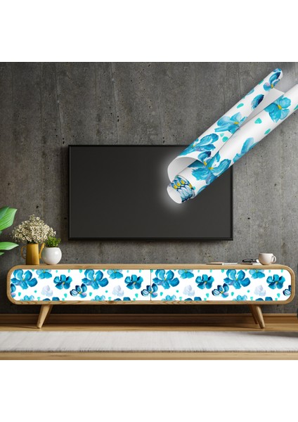 Mavi Çiçek Desenli Yapışkanlı Folyo, Mutfak, Tezgah, Masa, Dolap Kaplama Folyosu, Isıya Dayanıklı, Su Geçirmez, Yapışkan Folyolar, Sticker, Büyük Ebatlı, Dekoros