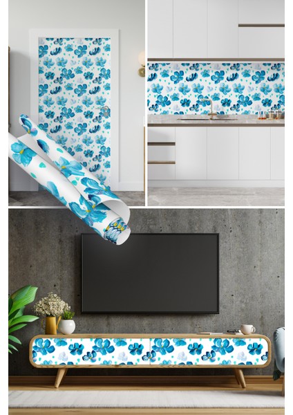 Mavi Çiçek Desenli Yapışkanlı Folyo, Mutfak, Tezgah, Masa, Dolap Kaplama Folyosu, Isıya Dayanıklı, Su Geçirmez, Yapışkan Folyolar, Sticker, Büyük Ebatlı, Dekoros