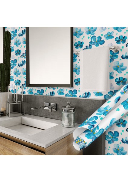 Mavi Çiçek Desenli Yapışkanlı Folyo, Mutfak, Tezgah, Masa, Dolap Kaplama Folyosu, Isıya Dayanıklı, Su Geçirmez, Yapışkan Folyolar, Sticker, Büyük Ebatlı, Dekoros modelleri