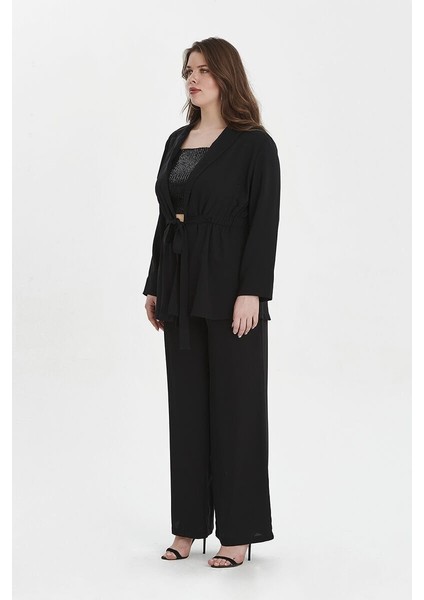 Even Plus Size Even Plus Size Siyah Krep Ceket Pantolon Büyük Abiye Takım 50