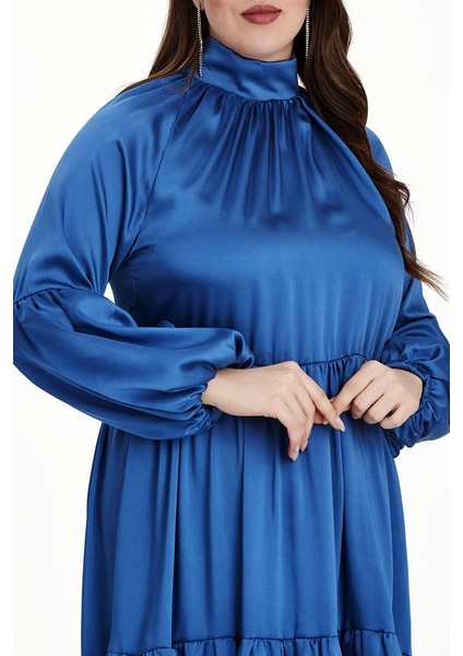 Even Plus Size Even Plus Size Mavi Ince Saten Dik Yaka Büyük Kadın Elbise 44