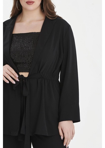 Even Plus Size Siyah Krep Ceket Pantolon Büyük Abiye Takım 46