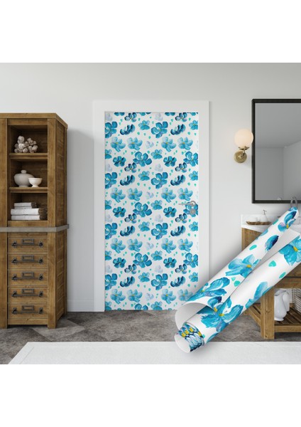 Mavi Çiçek Desenli Yapışkanlı Folyo, Mutfak, Tezgah, Masa, Dolap Kaplama Folyosu, Isıya Dayanıklı, Su Geçirmez, Yapışkan Folyolar, Sticker, Büyük Ebatlı, Dekoros