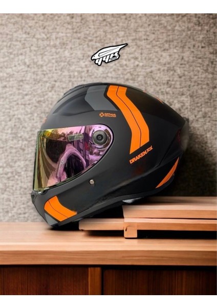 Draken Orange. ''2 Vizörlü'' + ''sticker'' Hediyeli, Mat Motosiklet Kapalı Kask