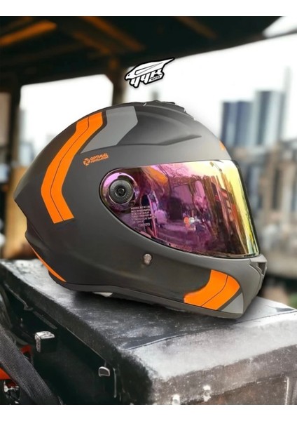 Draken Orange. ''2 Vizörlü'' + ''sticker'' Hediyeli, Mat Motosiklet Kapalı Kask