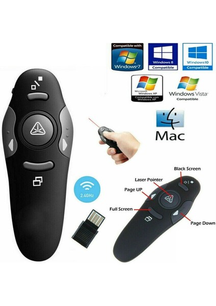 Sunum Kumandası Kablosuz Lazer Sunum Wireless Laser Pointer Sunucu Uzaktan Slayt Atlama 2.4 Ghz USB Kontrolü Laser Pointer Siyah…