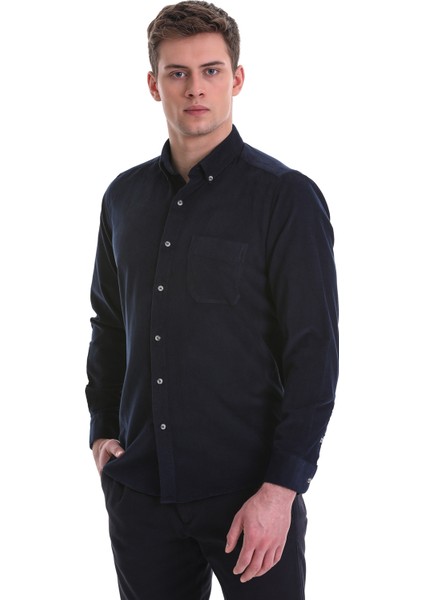 Lacivert Slim Fit Düz 100% Pamuklu Düğmeli Yaka Uzun Kollu Klasik Gömlek