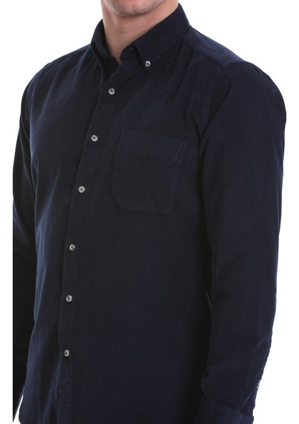 Lacivert Slim Fit Düz 100% Pamuklu Düğmeli Yaka Uzun Kollu Klasik Gömlek