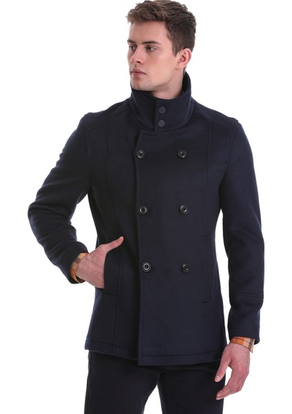 Lacivert Slim Fit Hakim Yaka Kruvaze Yünlü Kaşe Kaban