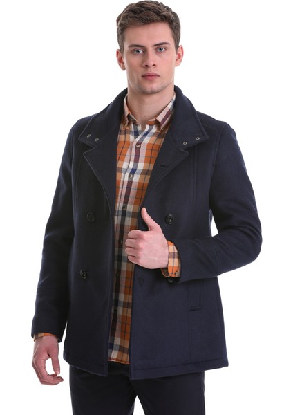 Lacivert Slim Fit Hakim Yaka Kruvaze Yünlü Kaşe Kaban modelleri