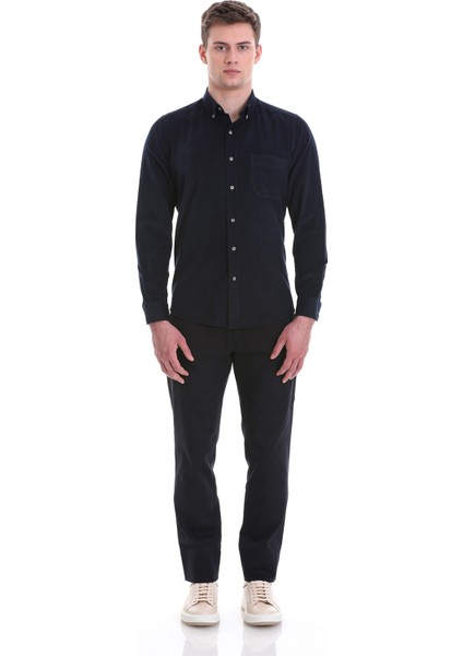 Lacivert Slim Fit Düz 100% Pamuklu Düğmeli Yaka Uzun Kollu Klasik Gömlek fiyatları