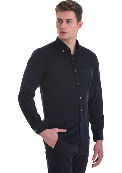 Lacivert Slim Fit Düz 100% Pamuklu Düğmeli Yaka Uzun Kollu Klasik Gömlek modelleri