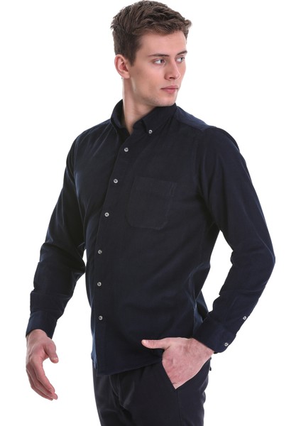 Lacivert Slim Fit Düz 100% Pamuklu Düğmeli Yaka Uzun Kollu Klasik Gömlek fırsatları
