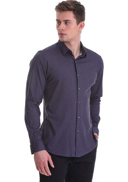 Lacivert Slim Fit Baskılı 100% Pamuklu Slim Yaka Uzun Kollu Baskılı Casual Gömlek modelleri