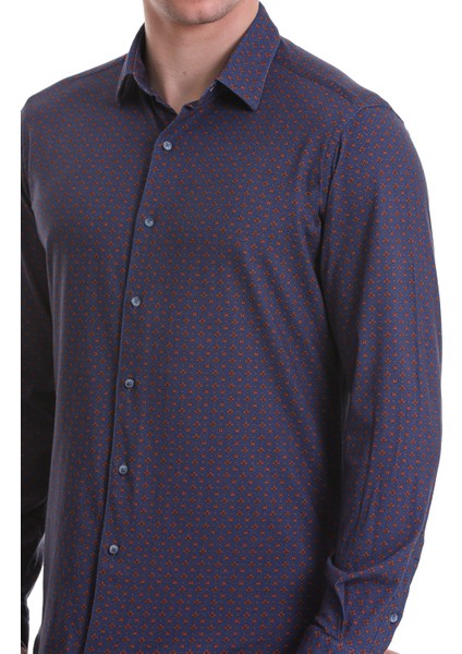 Lacivert Slim Fit Baskılı 100% Pamuklu Slim Yaka Uzun Kollu Baskılı Casual Gömlek indirimleri