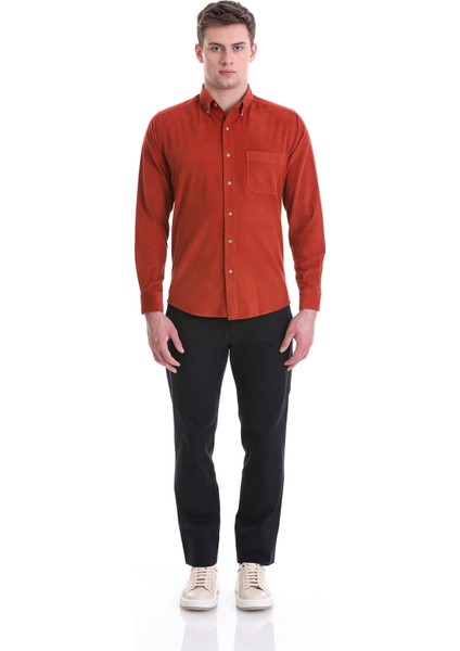 Kiremit Slim Fit Düz 100% Pamuklu Düğmeli Yaka Uzun Kollu Klasik Gömlek fiyatları