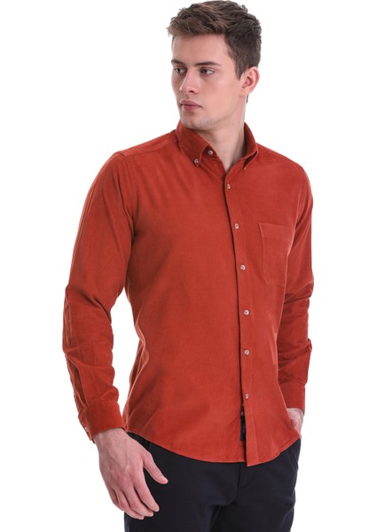 Kiremit Slim Fit Düz 100% Pamuklu Düğmeli Yaka Uzun Kollu Klasik Gömlek modelleri