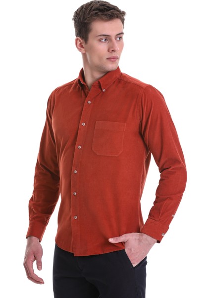 Kiremit Slim Fit Düz 100% Pamuklu Düğmeli Yaka Uzun Kollu Klasik Gömlek fırsatları