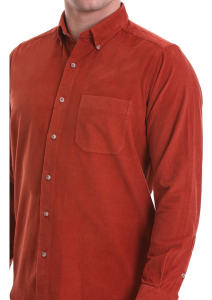 Kiremit Slim Fit Düz 100% Pamuklu Düğmeli Yaka Uzun Kollu Klasik Gömlek indirimleri