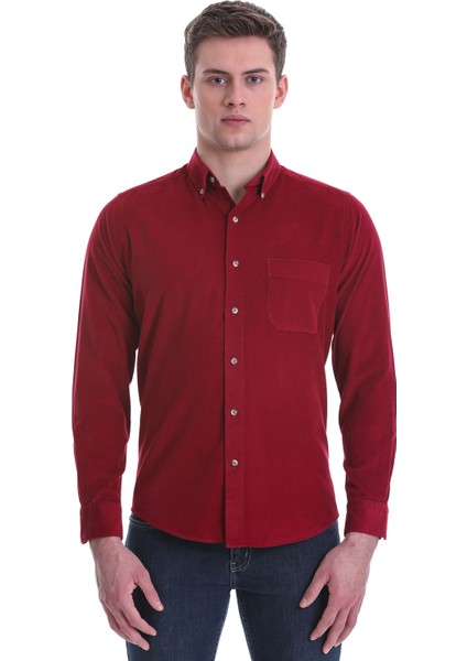Bordo Slim Fit Düz 100% Pamuklu Düğmeli Yaka Uzun Kollu Klasik Gömlek