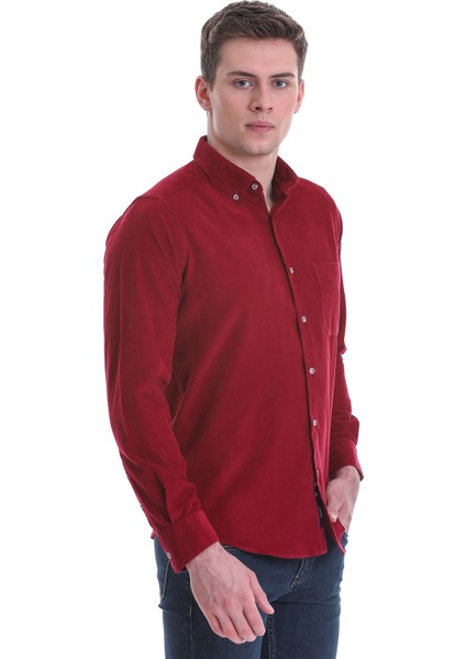 Bordo Slim Fit Düz 100% Pamuklu Düğmeli Yaka Uzun Kollu Klasik Gömlek fırsatları