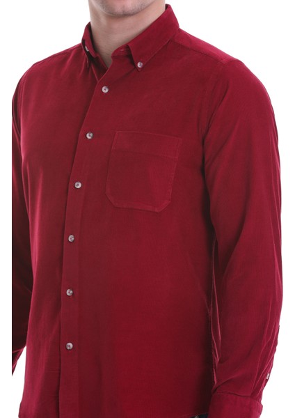 Bordo Slim Fit Düz 100% Pamuklu Düğmeli Yaka Uzun Kollu Klasik Gömlek indirimleri