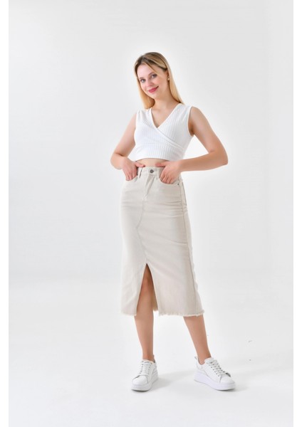 Kadın Bej Yırtmaçlı Kot Etek fiyatları