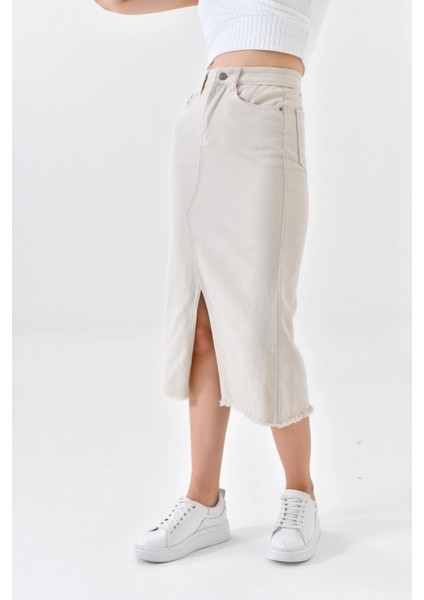 Kadın Bej Yırtmaçlı Kot Etek modelleri