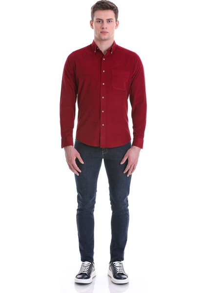 Bordo Slim Fit Düz 100% Pamuklu Düğmeli Yaka Uzun Kollu Klasik Gömlek fiyatları